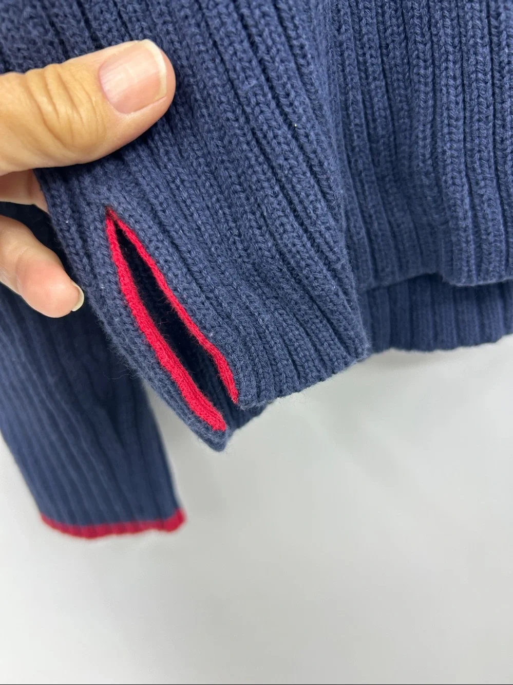 Vintage Polo Ralph Lauren Navy Blue Ribbed Sweater Flag Pullover Red Trim Size L